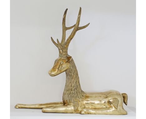 A large vintage brass seated deer, H76cm, L83cm, by Sarreid - Spain, c1970. Provenance: N &amp; L Karantokis Estate.