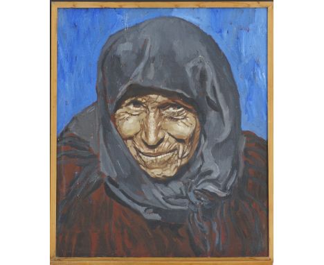 →John Corbidge (British 1935-2003), Portrait of a Cypriot old peasant woman in grey scarf, oil on canvas, 59x49cm, not signed