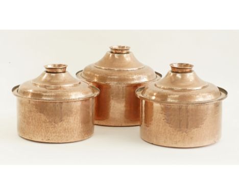 Three vintage tinned copper cauldrons of graduating size, probably of Greek origin. Diam. 32cm, 30,5cm, 29,5cm. (6)