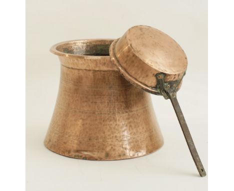 A vintage copper vessel of a waisted shape H28cm, together with a tinned copper frying pan with an iron handle Diam.21cm. (2)