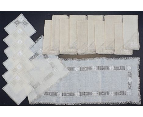 A collection of fine Cypriot Lefkaritika embroideries comprising of ten napkins 40x40cm, one dresser runner 102x28cm and six 