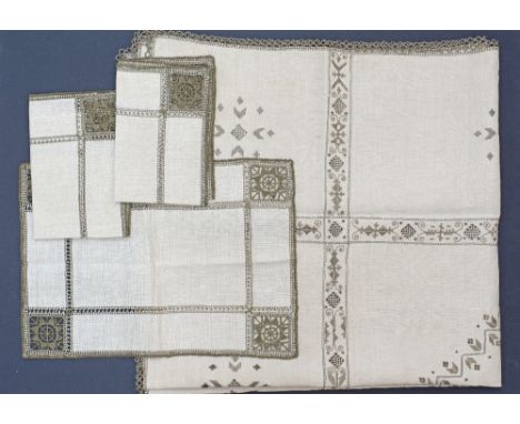 A collection of Cypriot Lefkaritika embroideries, comprising of three mats 43x30cm and a tablecloth 116x110cm, late 20th cent