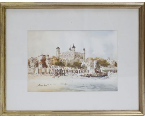 Gerald Edwin Tucker (British 1932) Architectural Landscape of 'The Tower of London - River Thames', watercolour 22x30cm, sign