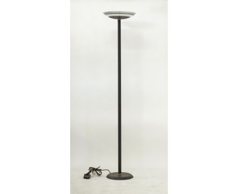 A floor lamp with a black metal pole H183cm terminating to a glass frosted and painted dish W37cm, 20th century. Provenance: 