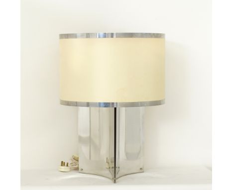 A modern three sided mirror like, metal table lamp with a cylindrical shade, H61cm, W45cm, c1980s. Provenance: N &amp; L Kara