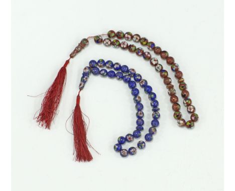 Two vintage Chinese cloisonné worry beads / prayer beads / komboloi, one in burgundy ground colour and one in blue ground col