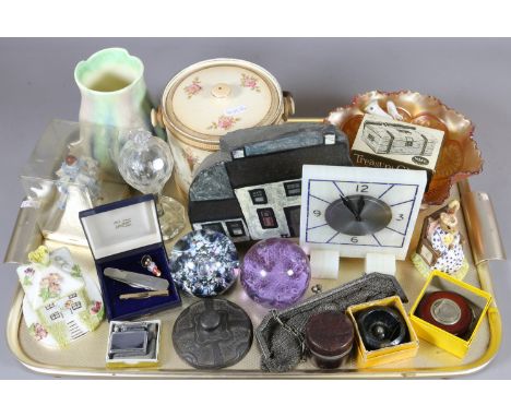 A tray of collectables to include Crown Devon biscuit barrel, Sylvac vase, Royal Doulton Susan Bunnykins, Wade treasure chest
