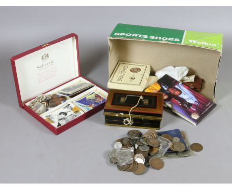 A collection of enamel badges, old coins, collectors cards etc.