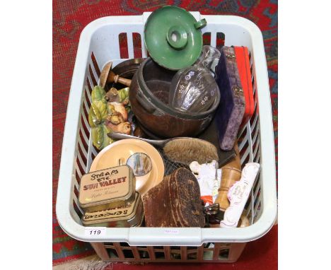 A box of collectables to include cased opera glasses and scales along with a soda syphon and various metalware, etc.