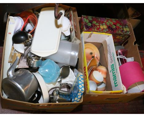 Two boxes of kitchenalia items along with a Japanese tourist ware part tea service.