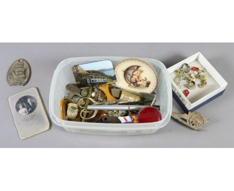 A box of various collectables to include coins, badges and Goebel examples.