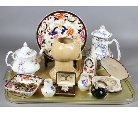 A tray of collectables to include Sylvac mushroom vase, Masons cabinet plate, Royal Albert teapot, Poole vases, costume jewel