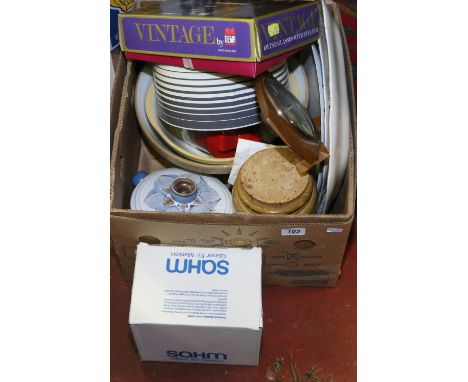 A box of various kitchenalia including blue and white meat plates, storage jars, drinking vessels, mixing bowls etc along wit