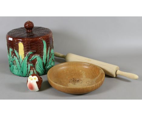 A Pearson of York turned oak fruit bowl along with a Majolica cheese dome, rolling pin and a Carltonware pepper cellar formed