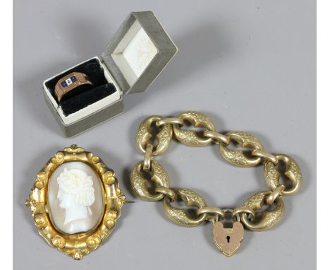 A pinchbeck cameo brooch, bracelet and an enamel ring 'Faith, Hope and Charity'.
