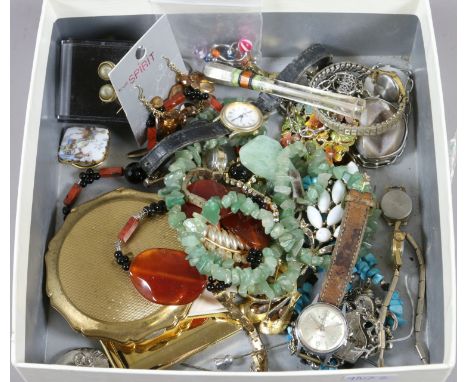 A collection of costume jewellery to include brooches, earrings, pendants, ladies wristwatches, enamel Stratton compacts.