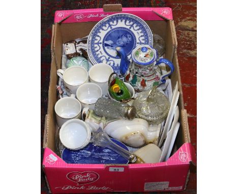 A collection of ceramics and glass to include commemorative wares, Czechoslovakian pearl ware, Staffordshire pot dog, paperwe