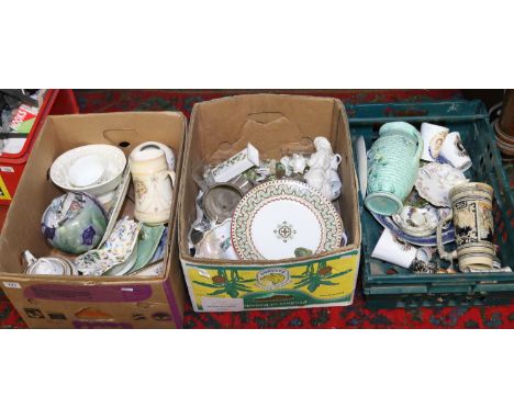 Three boxes of miscellaneous ceramics and glass to include Copeland Spode, Royal Winton, Crown Devon, German figural candlest