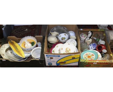 Three boxes of miscellaneous ceramics and glass, Carltonware, Rosenthal, Royal Doulton and crested china, etc.