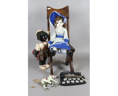 A dolls chair, pot head doll and similar doll, beadwork bag and an original Muffin the Mule puppet.