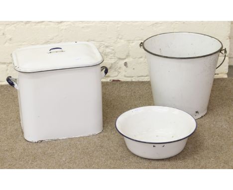 Three items of white enamel ware along with a Royal Doulton ceramic bed pot.