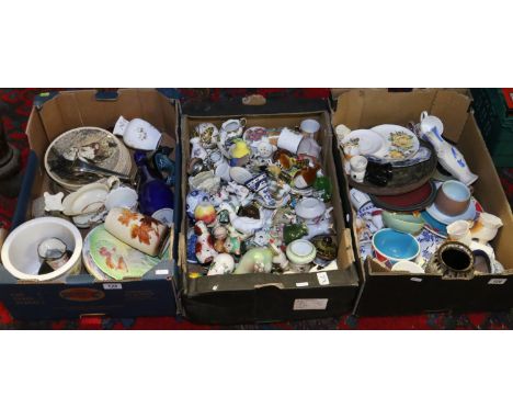 Three boxes of ceramics and ornamental wares including Coalport, Royal Winton, Poole and Sylvac, etc.