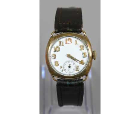 A gents manual gold plate wristwatch with white enamel dial and second subsidiary dial.