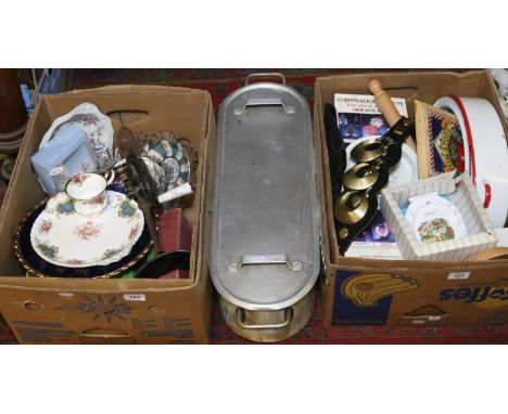 Two boxes of mixed collectables to include Royal Albert china, horse brasses and a brest drill along with a fish kettle.