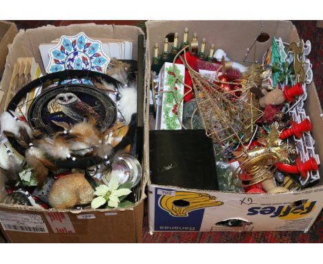Two boxes of collectables to include ornaments and Christmas decorations.