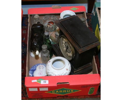 A box of miscellaneous to include a mantel clock, ceramic horse model, cruet bottles, silver plate, novelty perfume bottle of