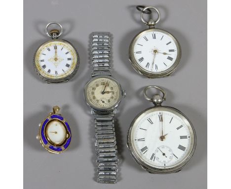 Three silver cased pocket watches along with a silver pendant watch with blue enamel decoration and ladies bracelet wristwatc