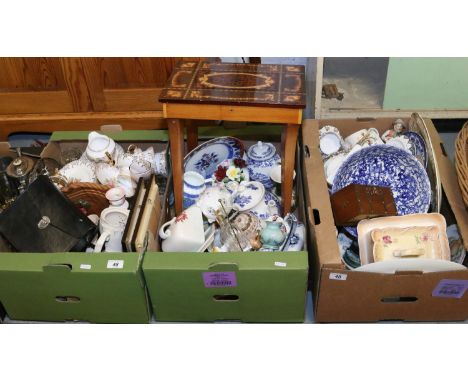 Three boxes of miscellaneous ceramics and glass to include Royal Albert, Radford ware, cased binoculars, Crown Ducal meat pla