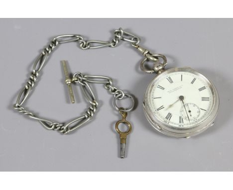 A silver cased pocket watch with white enamel dial, Roman numerals and subsidiary seconds by May Cohen Ltd Manchester assayed