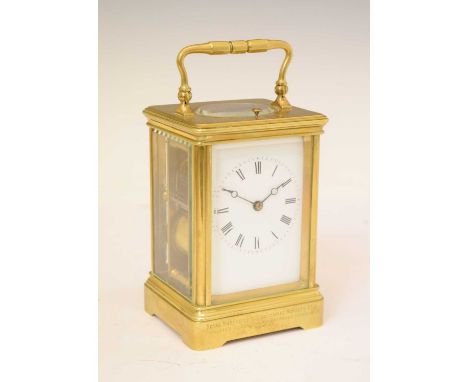 Late 19th century French brass cased repeater carriage clock, having a white Roman dial with blued steel Breguet-style hands,