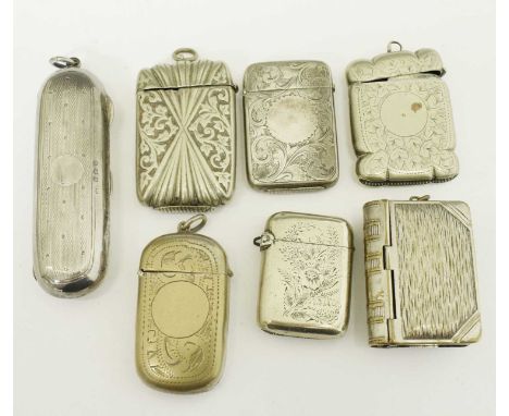 Edwardian silver cased trinket holder, 1906, together with silver plated combination sovereign holder and vesta case and five