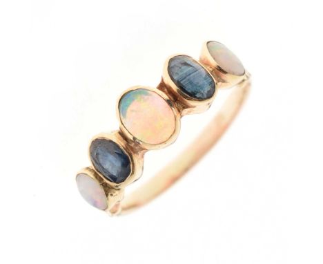 Five-stone dress ring set three opals and two sapphires, size V, unmarked, 3.6g gross approx