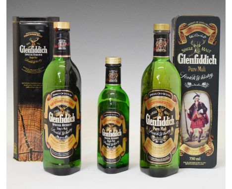 Glenfiddich Pure Single Malt Scotch Whisky, two bottles in presentation tins, and one half bottle (3)