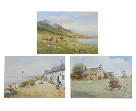 Richard Rhead Simm (1926-2019) - Three oils on metal - 'Highland Landscape', 'Haymaking' and 'Cottage Deliveries', all signed