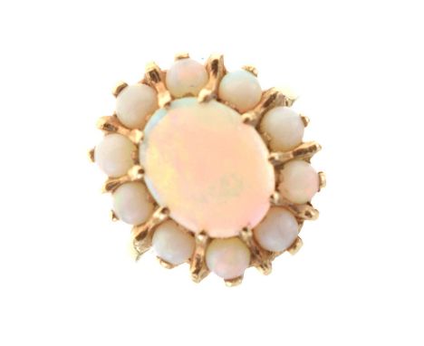 Opal dress ring, the larger central oval opal cabochon surrounded by ten smaller round opals, the shank stamped '14K', size L