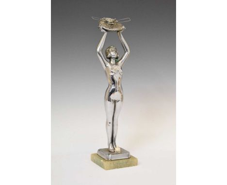 Art Deco chromed figural lamp 'Limousin', on a square onyx base, 37cm high (ex.fitting)