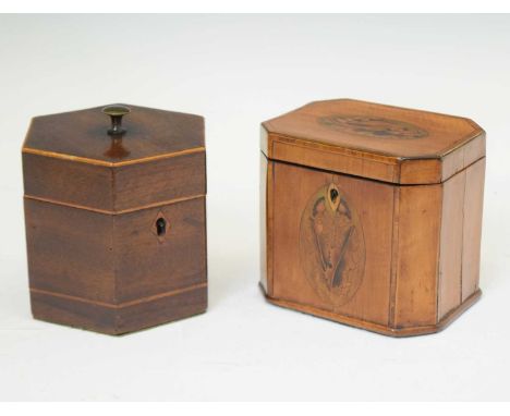 Georgian octagonal tea caddy with shell inlaid decoration, 13.5cm x 12cm high, together with a Georgian hexagonal tea caddy w