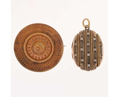 Victorian mourning brooch, 3.5cm approx, unmarked, and a seed pearl and enamel decorated locket, unmarked, 17.1g gross approx