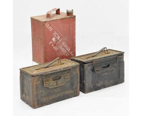Two metal ammunition cases, 31cm x 20cm high, together with a vintage petrol spirit can (3)