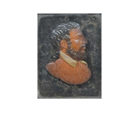 19th century Italian coloured wax portrait miniature of Benvenuto Cellini, (1500-1571), bust profile facing to sinister, enti