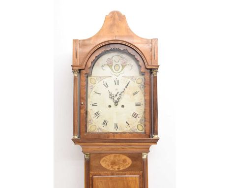 Early 19th century inlaid mahogany-cased 8-day painted dial longcase clock, the 14-inch break-arched dial indistinctly signed