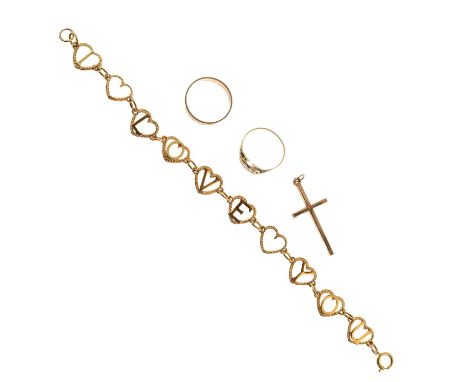 9ct gold 'I Love You' heart motif bracelet, and an unmarked cross pendant, together with an '18ct &amp; plat' diamond ring, s