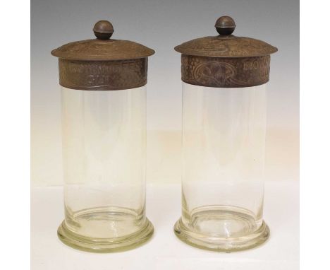 Pair of early 20th century Rowntree's Gums glass sweet jars, both having compress tin lids with art nouveau decoration, 30cm 