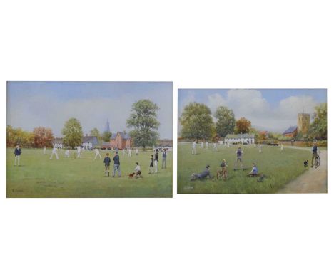 Richard Rhead Simm (1926-2019) - Pair of oils on metal - 'Cricket on the Green' and 'Summer Sports', both signed lower left, 