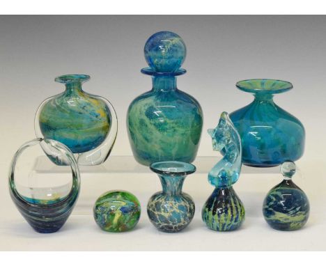 Collection of Mdina glass vases, paperweights, etc., engraved marks, and a glass hemispherical paperweight, 20cm high and sma