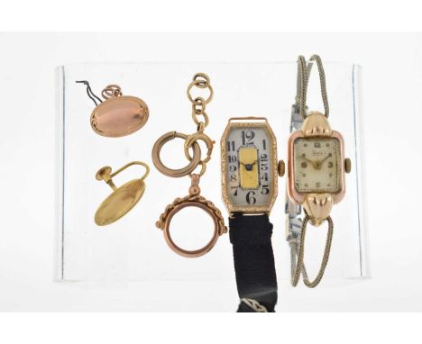 Two lady's 9ct gold cased wristwatches, the Art Deco style example with silvered Arabic chapter ring, the 15-jewel manual win